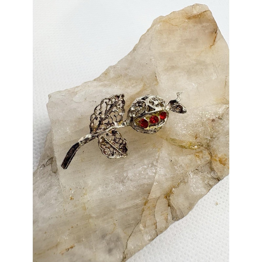 Vintage Silver Rose Bud Pin Red Glass Rhinestones Filigree Floral Brooch